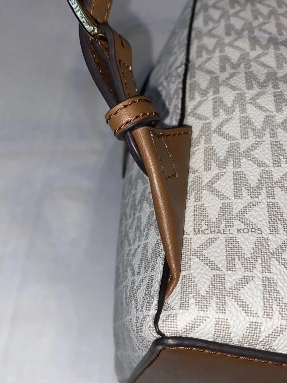 Michael Kors Beige/Brown MK Monogram Logo Backpack Zip Gold Hardware NWT